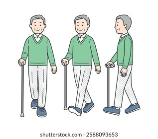 Illustration of an elderly man walking with a cane seen from various angles