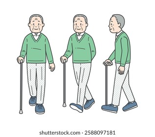 Illustration of an elderly man walking with a cane seen from various angles