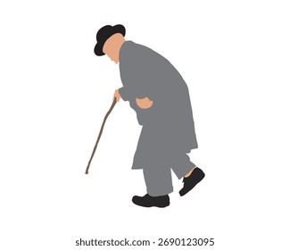 Ilustração de um homem idoso andando com bengala, vestindo um chapéu preto e um casaco cinza, simbolizando o envelhecimento, o apoio e a vida sênior em fundo branco