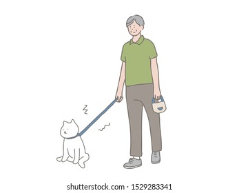 Illustration of an elderly man walking a dog.
The dog does not want to go for a walk.