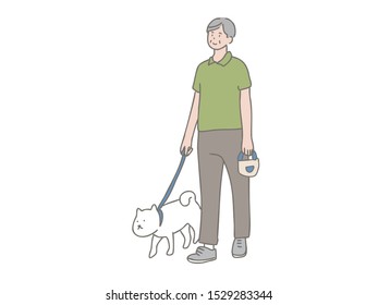 Illustration of an elderly man walking a dog.
A man is walking happily with a dog.