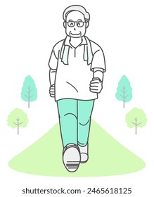 Illustration of an elderly man walking to stay healthy (summer clothes)