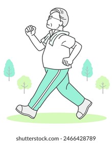 Illustration of an elderly man walking to stay healthy (summer clothes)