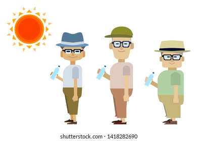 Illustration of an elderly man wearing a hat and hydration for heatstroke prevention