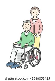 Illustration of an elderly man in a wheelchair and an elderly woman assisting him