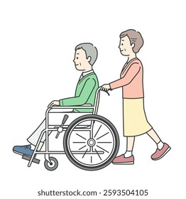 Illustration of an elderly man in a wheelchair and an elderly woman assisting him