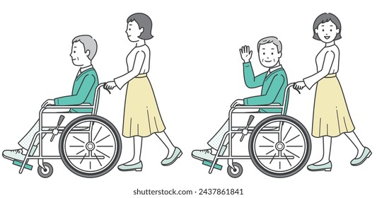 Illustration of an elderly man in a wheelchair and a young woman assisting him svg