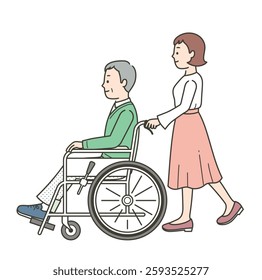 Illustration of an elderly man in a wheelchair and a young woman assisting him