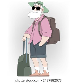 An illustration of an elderly man with a white beard and sunglasses, wearing a green hat, pink shirt, and denim shorts.