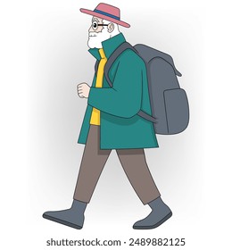 An illustration of an elderly man with a white beard and glasses, wearing a pink hat, green coat, and brown pants.