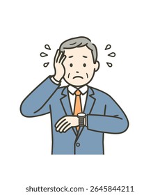 Ilustração de um homem idoso que está ocupado no trabalho e tem pressa porque está olhando para o seu relógio