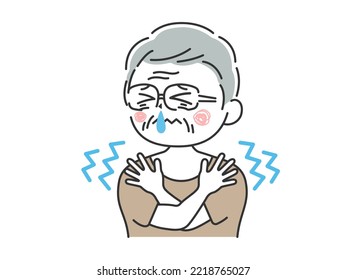 Illustration of an elderly man who is cold and shivering and has a runny nose.