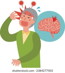 Illustration of an elderly man who feels pain in his head due to brain disease