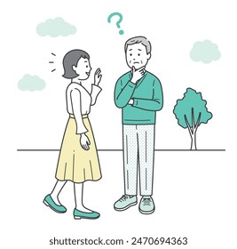 Illustration of an elderly man who is greeted by a young woman but forgets who it is