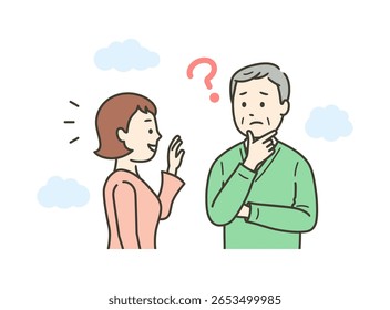 Ilustração de um homem idoso que é saudado por uma jovem mulher, mas tem dificuldade em lembrar quem é