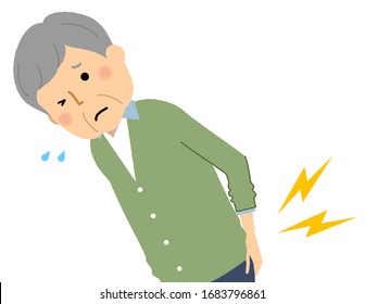 It is an illustration of an elderly man who has pain in the lower back.