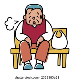 It is an illustration of an elderly man who is tired during shopping and rests on a bench.Easy-to-use vector material.