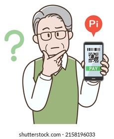 Illustration of an elderly man who is troubled about payments using a smartphone