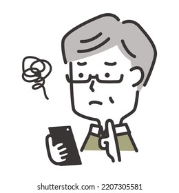 Illustration of an elderly man who is worried about holding a smartphone