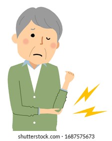 It is an illustration of an elderly man whose elbow hurts.