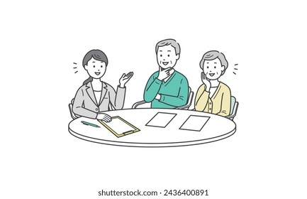 Illustration of an elderly man and woman couple receiving an explanation from a woman in a suit