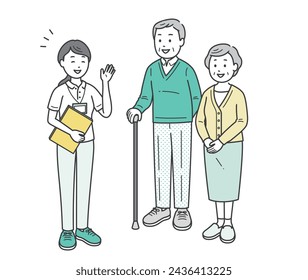 Illustration of an elderly man and woman couple receiving explanations from a care manager