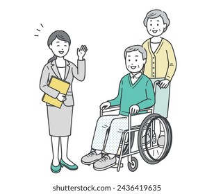 Illustration of an elderly man and woman couple receiving an explanation from a woman in a suit