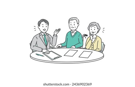 Illustration of an elderly man and woman couple receiving an explanation from a man in a suit