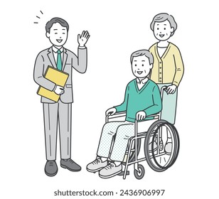 Illustration of an elderly man and woman couple receiving an explanation from a man in a suit