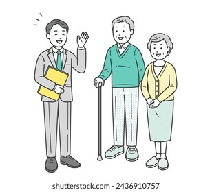 Illustration of an elderly man and woman couple receiving an explanation from a man in a suit
