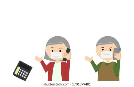 Illustration of elderly man and woman with face mask using phone to make telephone call.