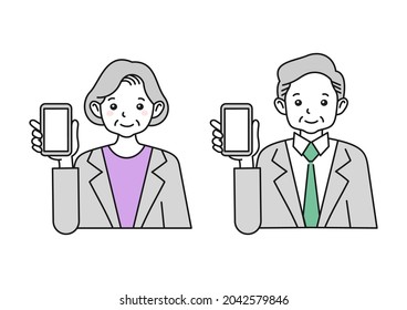 Illustration of elderly man and woman with smartphones