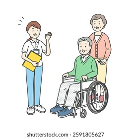 Illustration of an elderly man and woman in wheelchair being briefed by a care manager.