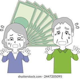Illustration of an elderly man and woman who are anxious about spending