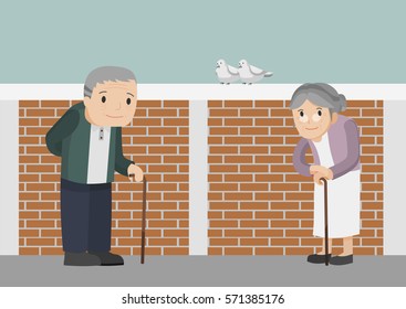 Illustration of an elderly man and women in front of brick wall.