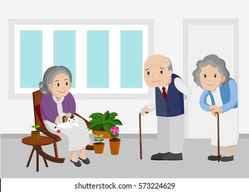 Illustration of an elderly man and women in living room.