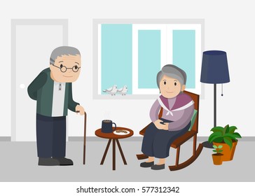 Illustration of an elderly man and women in living room.