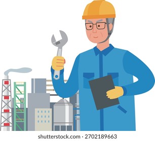 Ilustración de un hombre mayor que trabaja en un área industrial