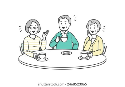 Illustration of elderly men and women having a pleasant conversation while having tea