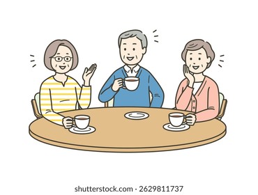 Illustration of elderly men and women having a pleasant conversation while having tea