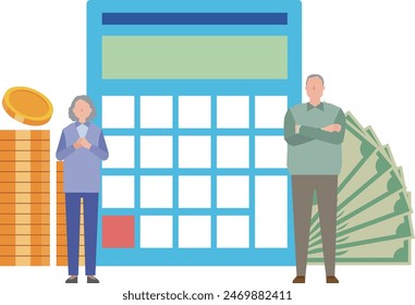 Illustration of elderly men and women thinking about money