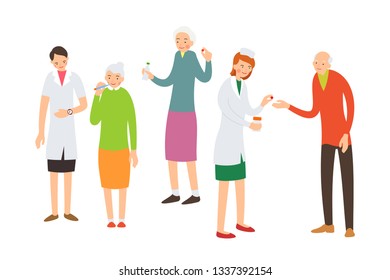 Illustration of elderly nursing care. Nurse monitors time, patient measures temperature. Elderly patient with liquid medicine and pill. A nurse gives an elderly man medication. Flat style. 
