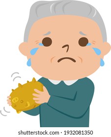 Illustration of the elderly. The old man is saddened by an empty piggy bank.