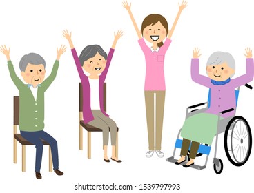 It is an illustration of elderly people and care staff who do gymnastics.