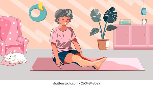 Illustration of elderly people doing yoga, vector 