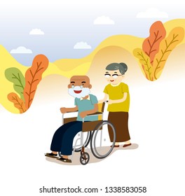 Illustration of elderly people. Grandpa in a wheelchair, grandmom walking near, vector