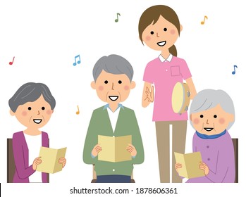 It is an illustration of elderly people singing in a recreation and a care staff who takes a rhythm with a tambourine.