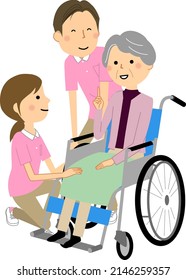 It is an illustration of elderly people in wheelchairs and care staff.