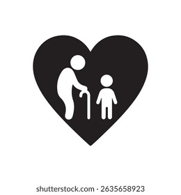 Illustration of an elderly person with a cane and a child inside a heart shape in black and white