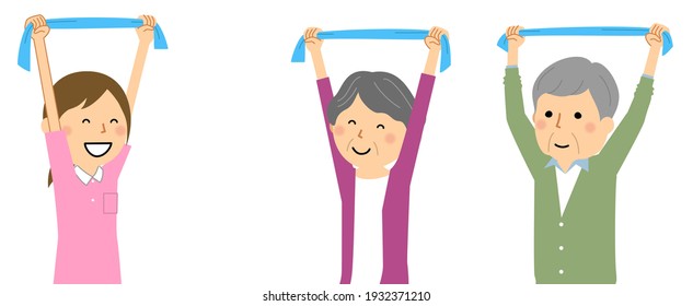 It is an illustration of an elderly person doing stretching exercises with a towel.